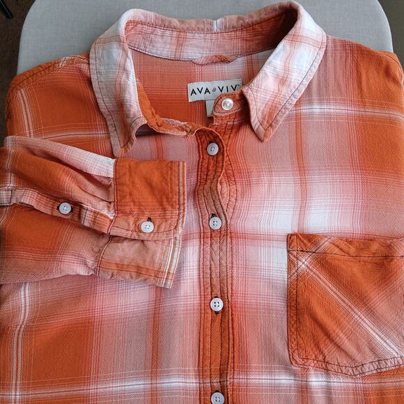 Ava & Viv Plaid Button Up Blouse 2X upcycle repaired orange long sleeve rayon - Picture 1 of 16